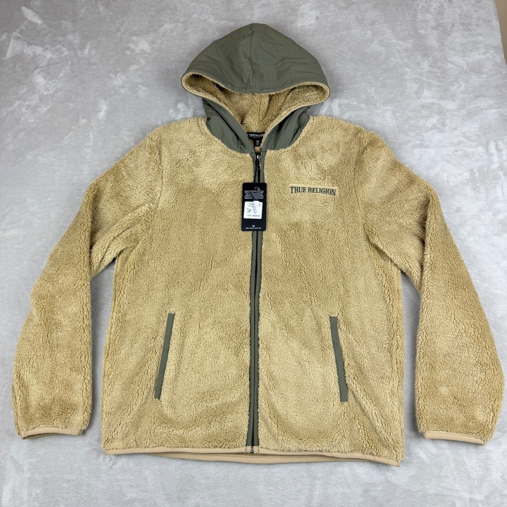 True Religion Contrast Hooded Fleece Jacket Mens M Tan Travertine Kalamata NEW